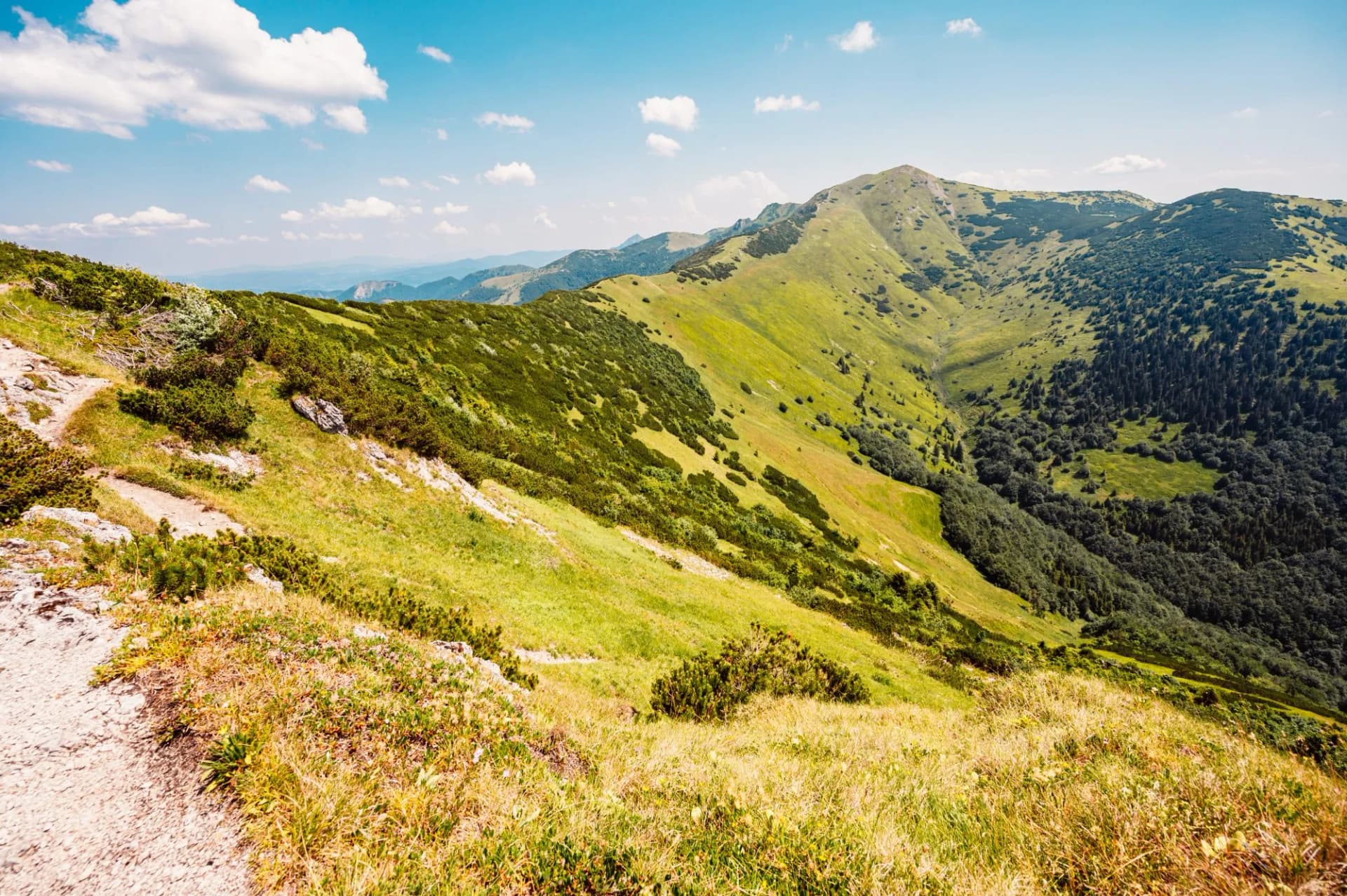 Ridge over the Slovakia mountains mala fatra. Hiking in Slovakia mountains landscape. Tourist traveler. Mala Fatra national park. Biele skaly peak