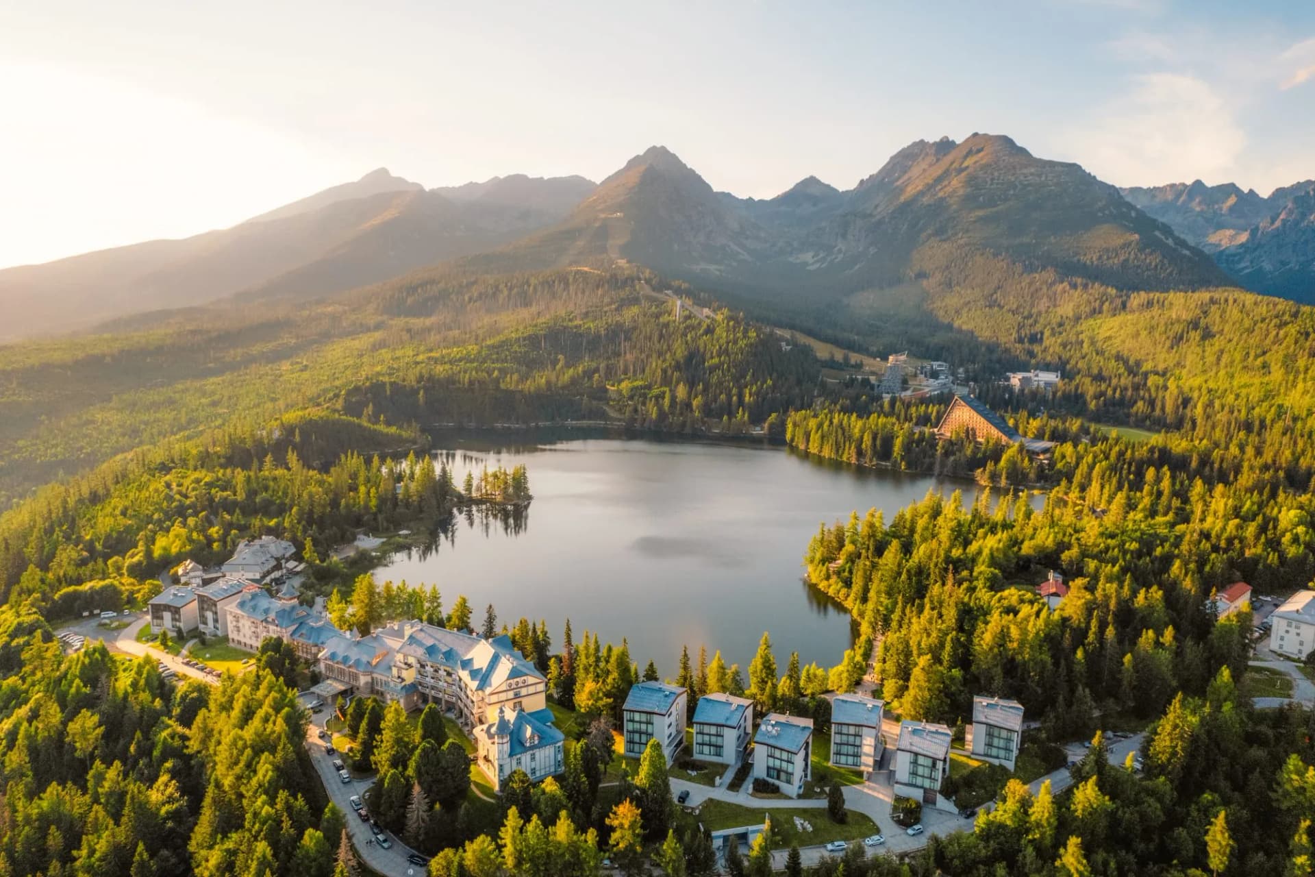 Mountain lake Strbske pleso. Strbske lake with view of the High Tatras National Park, Slovakia