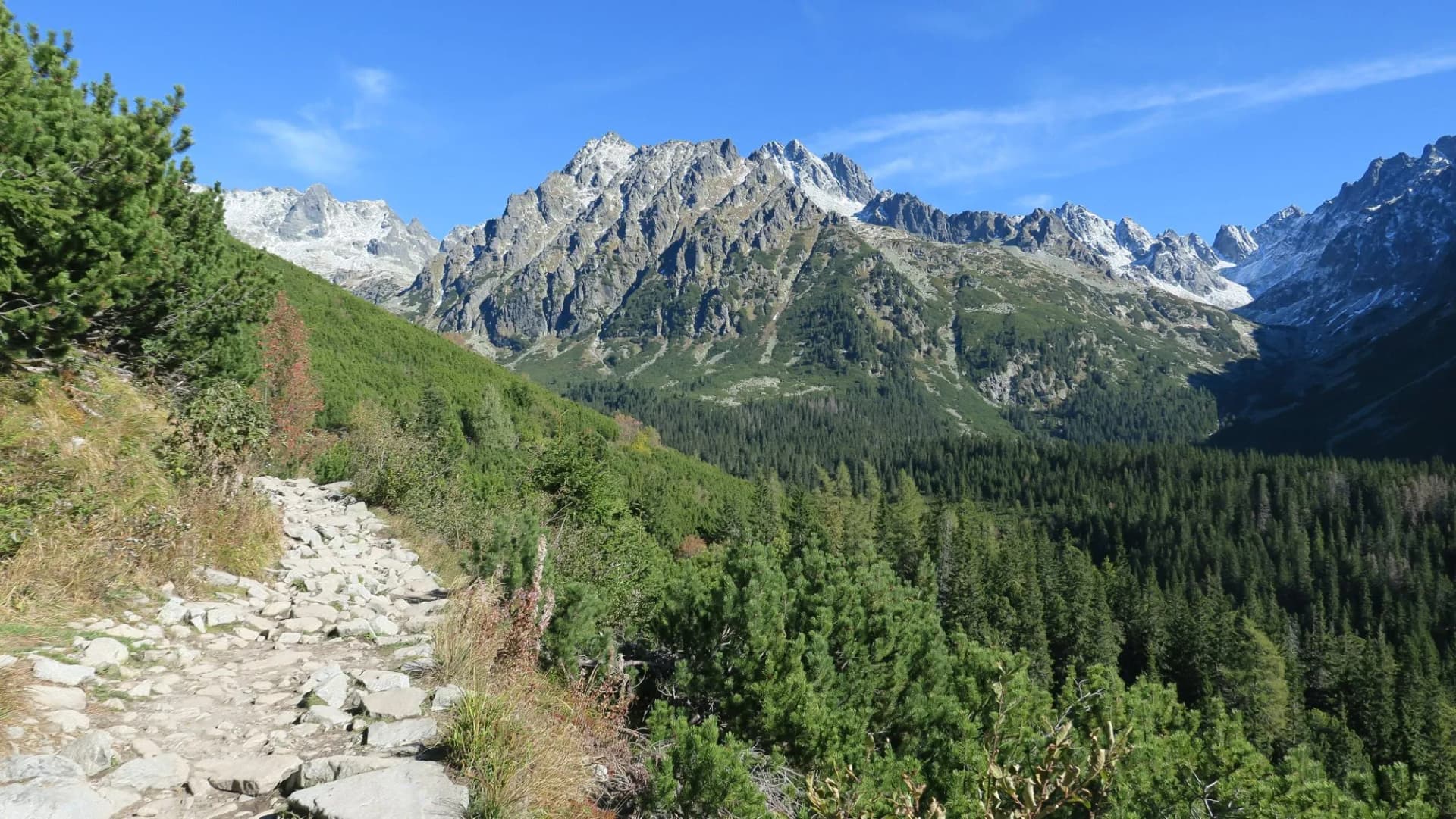 Poprad pleso and Tatra peaks visible from the back. A popular place from which many tourists embark on high mountains. Beautiful nature, blue sky and unparalleled peaks.