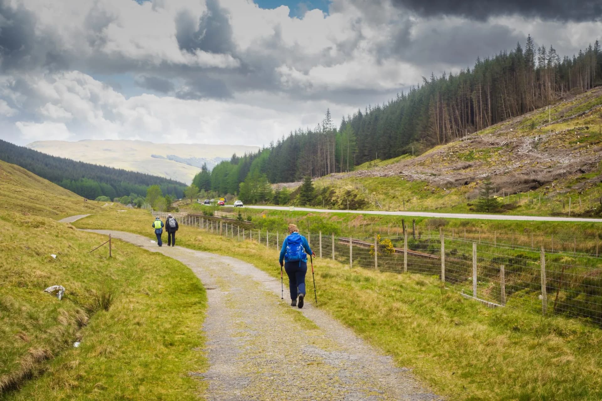 Walkers on the West Highland Way between Tyndrum and the Bridge of Orchy.