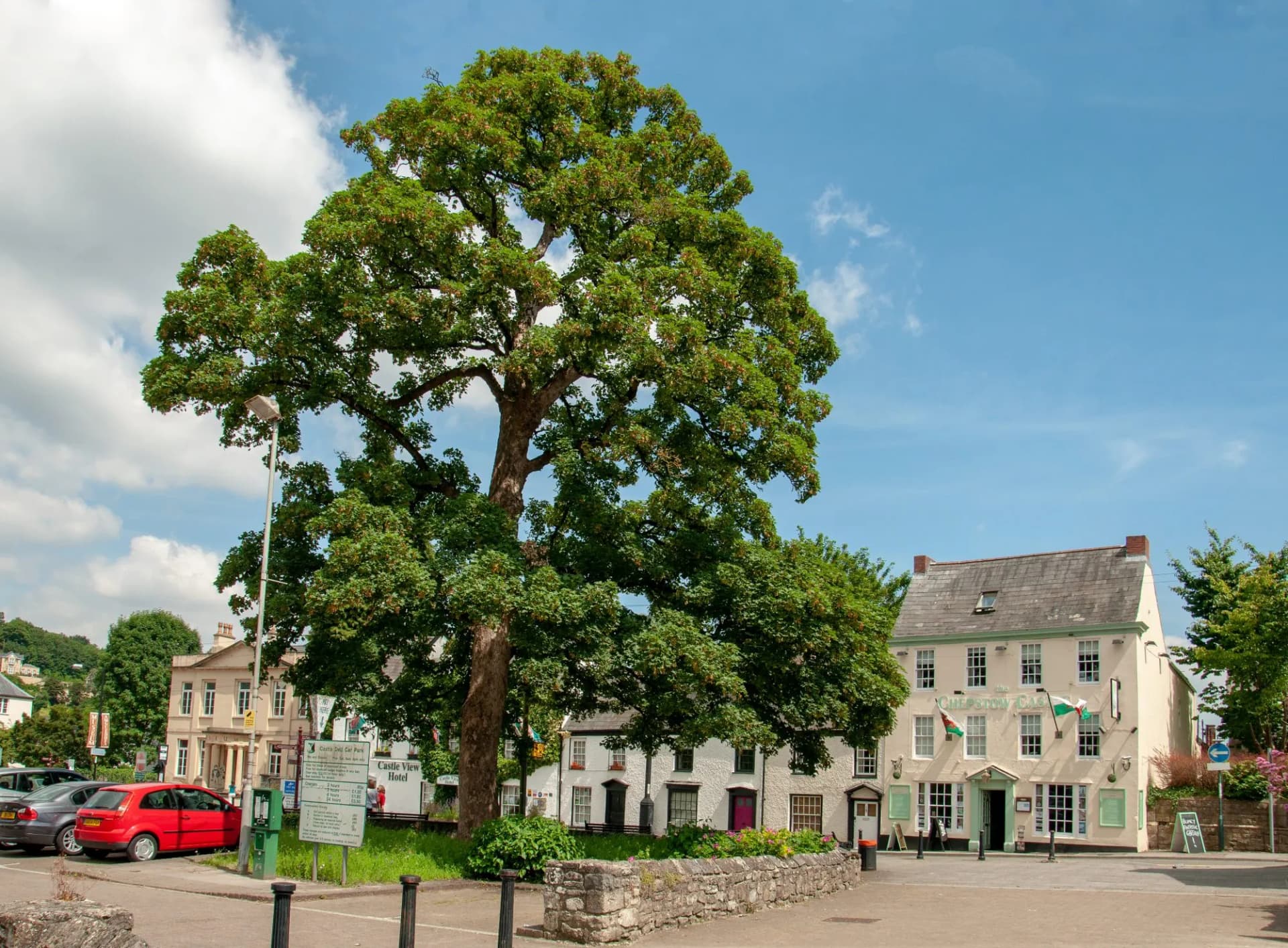 Chepstow town and castle in the summertime.