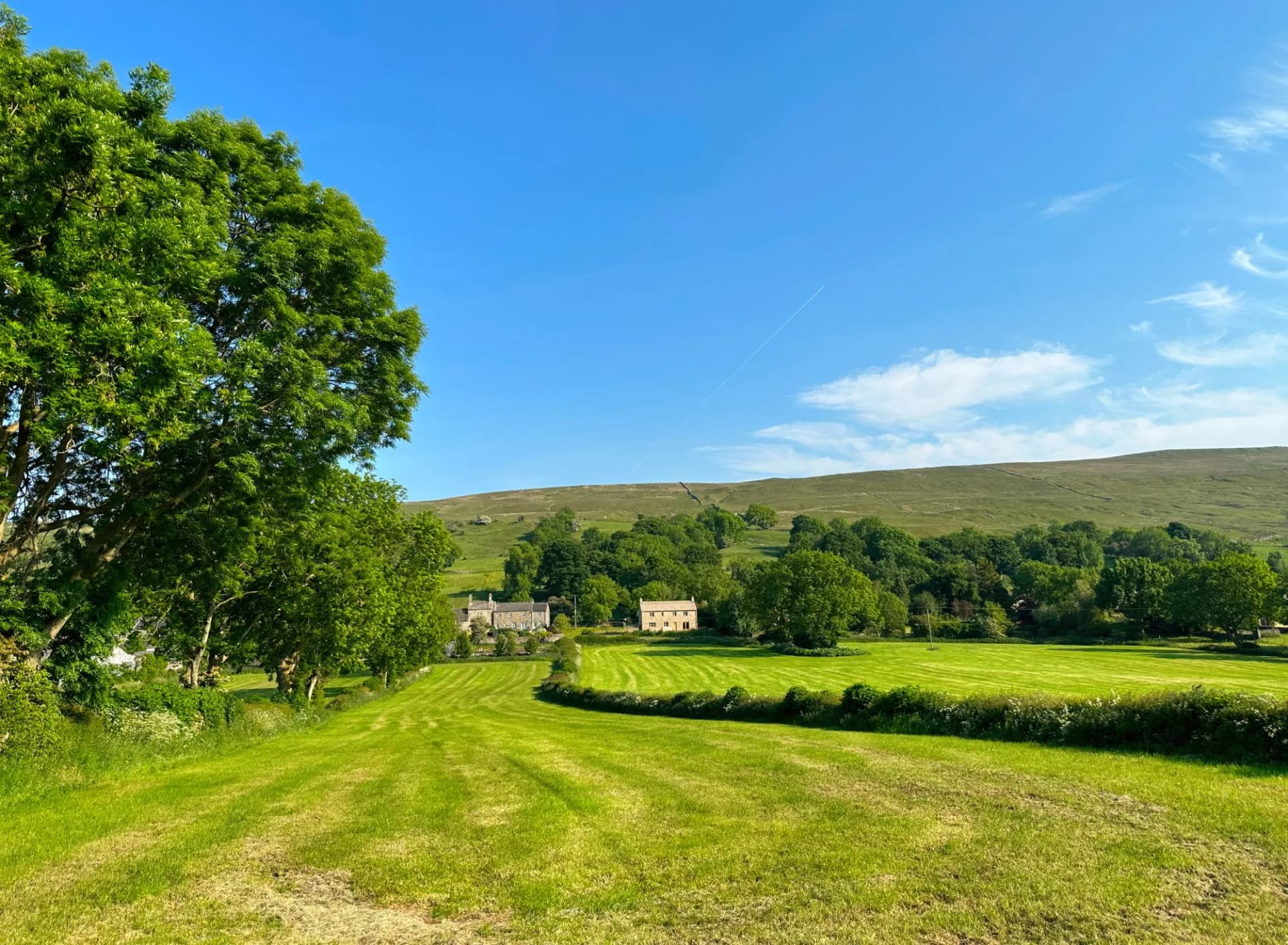 North Yorkshire landscape, with mown fields, old trees, farms, and distant hills, on a late summers day in, Aysgarth, UK
