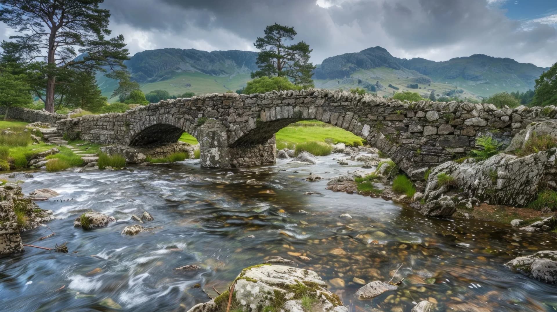 Grade 2 Listed Birks Bridge spanning the River Duddon near Seathwaite in the Duddon Valley Cumbria