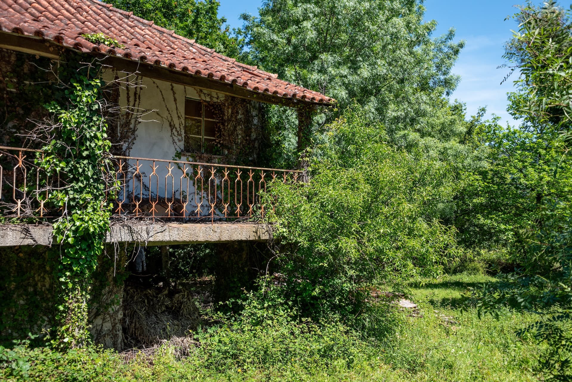 Abandoned house ruin with overgrown ivy, terracotta roof, and rusted balcony in Peneda-Geres National Park.
