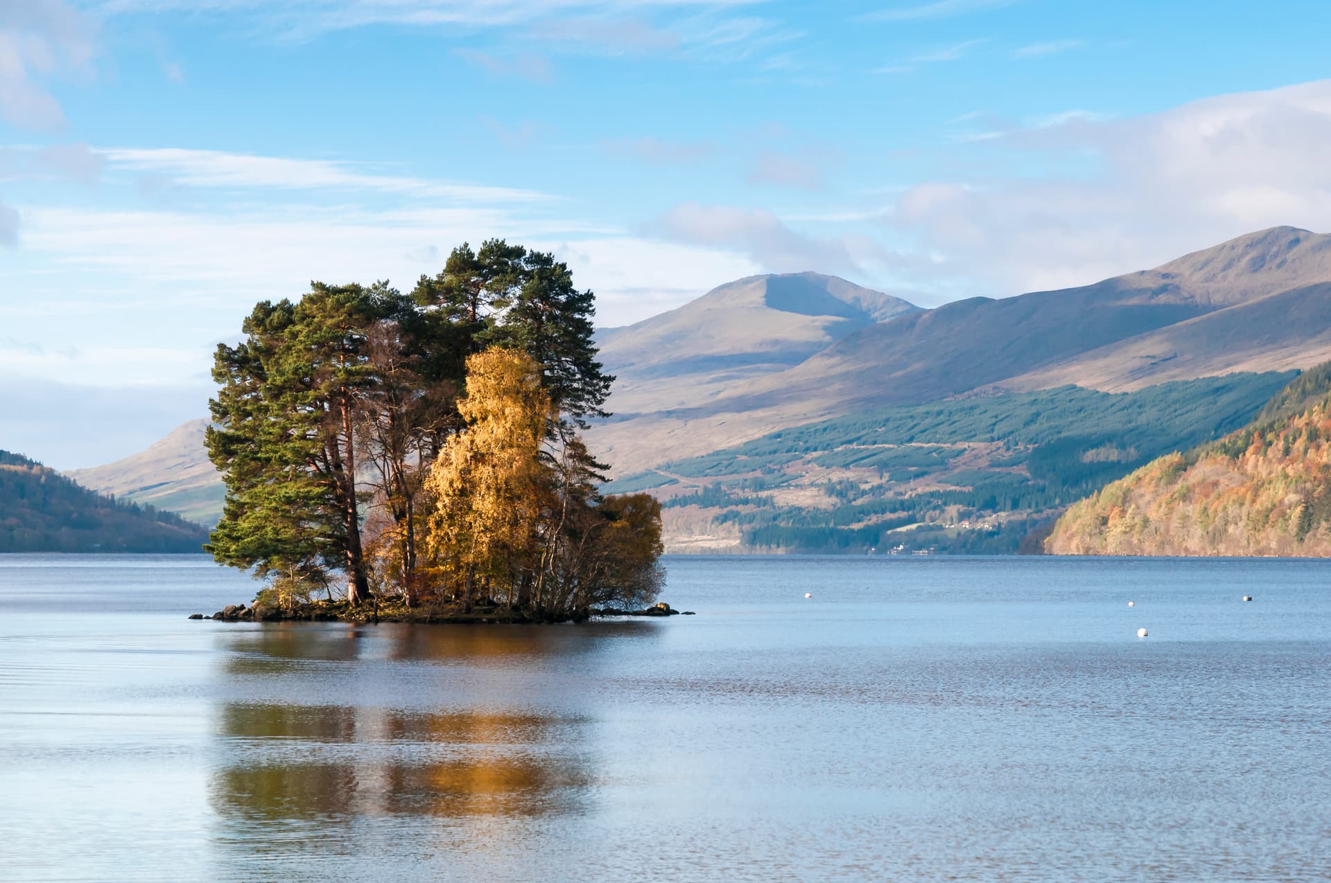 Trees on the Isle of Spar in Loch Tay, Scotland, with autumn colors and mountains.