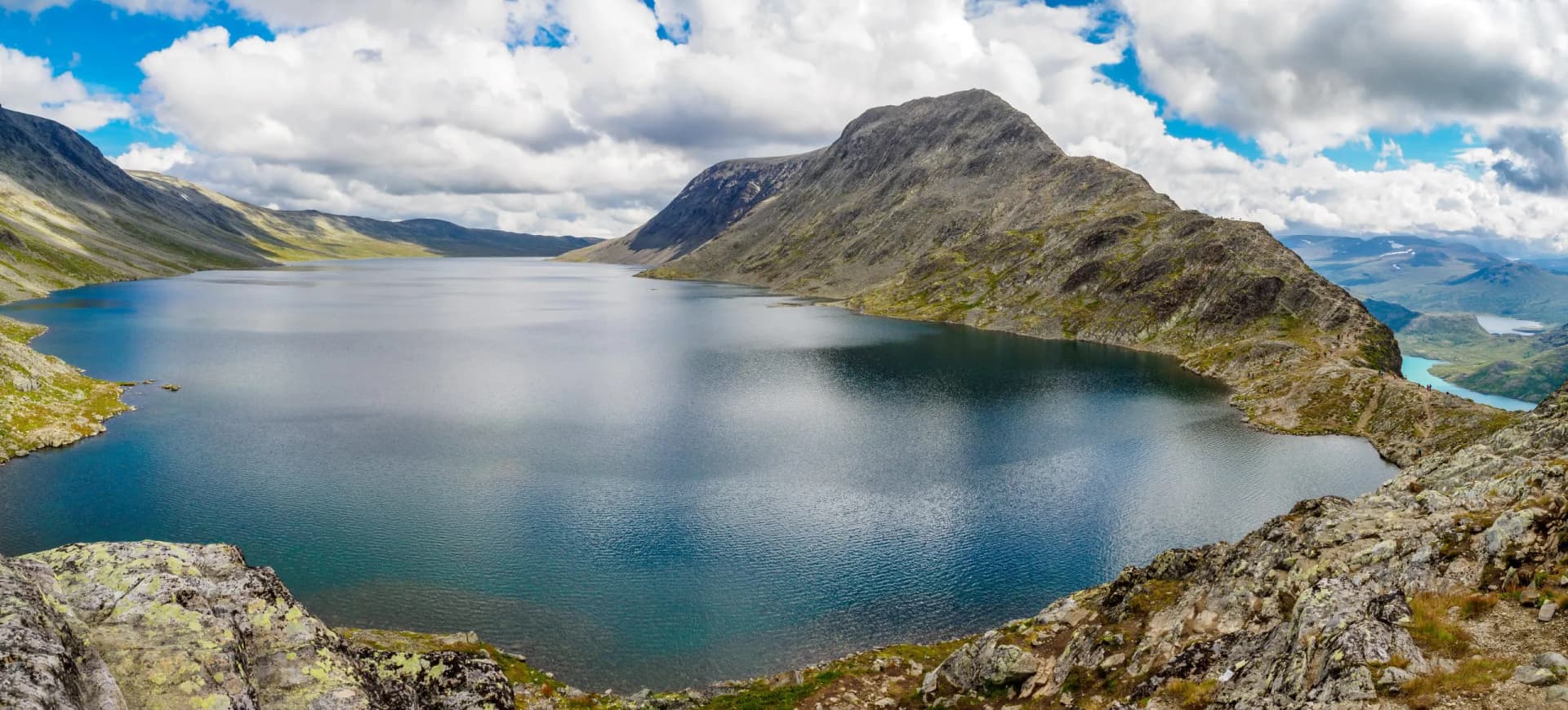 View Bessvatnet lake from the famous Besseggen hiking trail, Norway