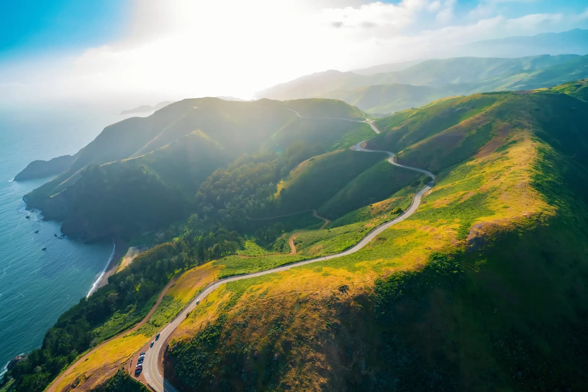 Aerial view of Marin Headlands and Golden Gate bay at sunset