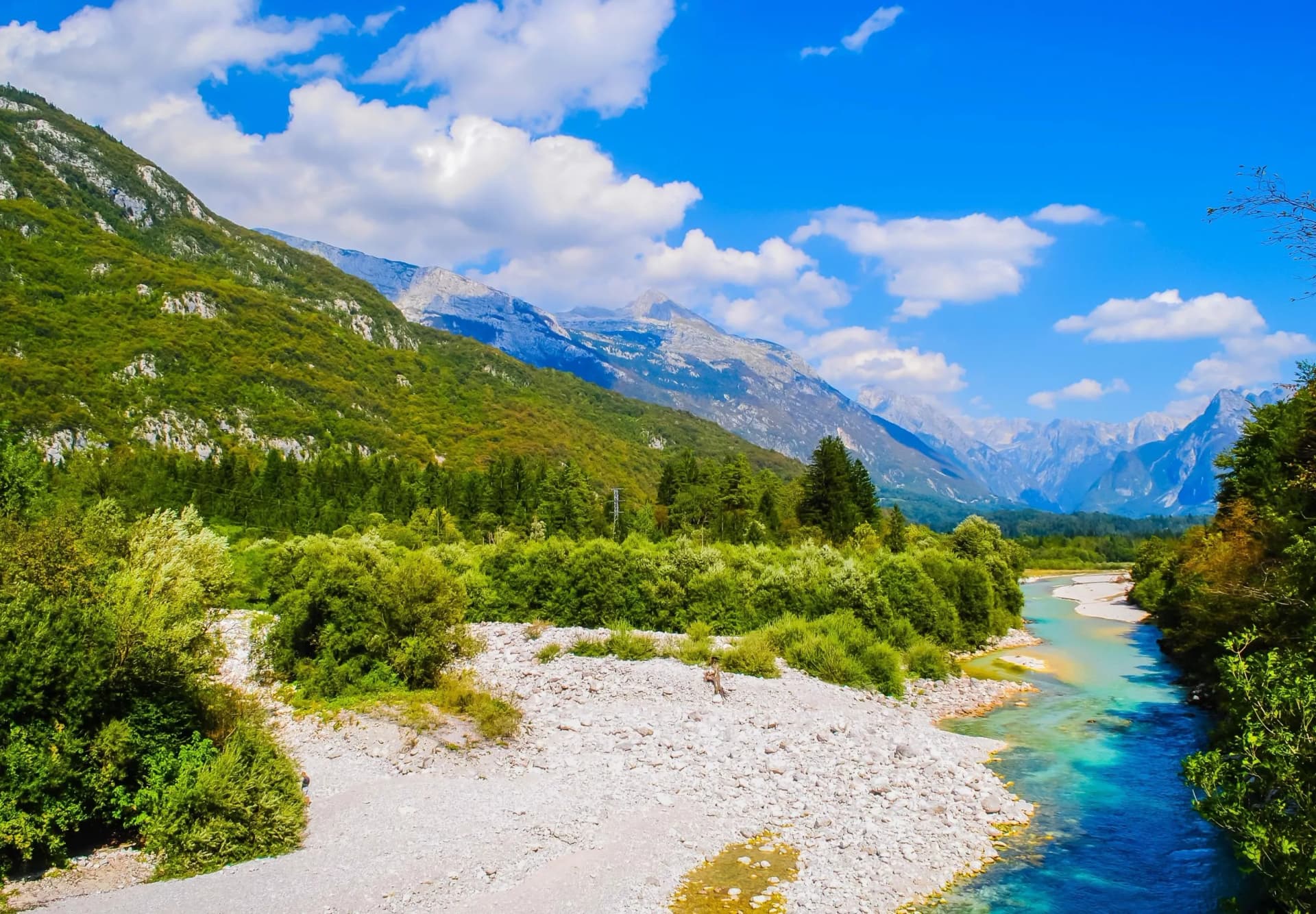 beautiful landscape of lake and mountains in summer, Bovec, Slovenia