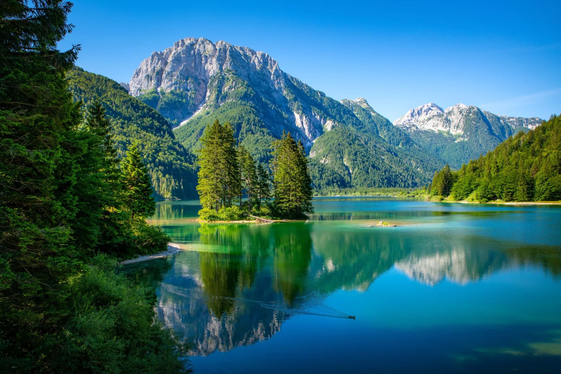 Alpine lake with turquoise water reflecting steep, forested mountains under a clear blue sky at Lago del Predil.