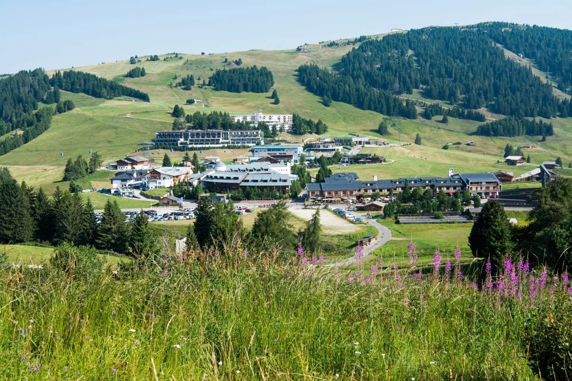 Alpine village with hotels nestled in green hillsides under a clear sky
