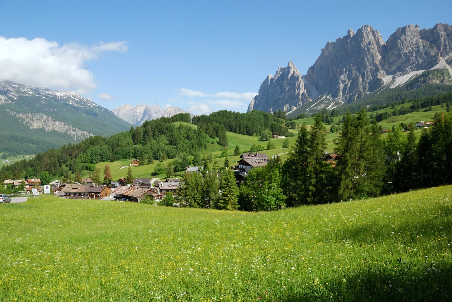 Verdant meadow below Passo Tre Croci with alpine village and rocky peaks.
