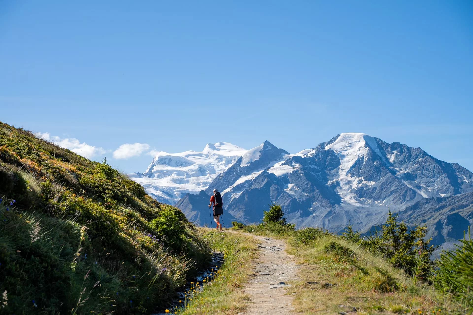 Hiker with poles on dirt trail with massive snow-capped mountain massif under blue sky.