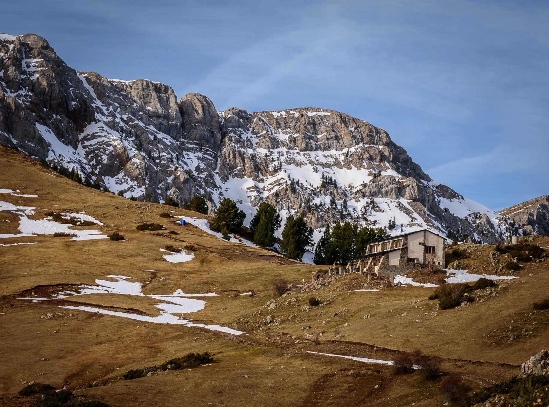 North face of the snowy Serra de Cadí seen from the Prat d'Aguiló refuge (Cerdanya, Catalonia, Spain, Pyrenees)