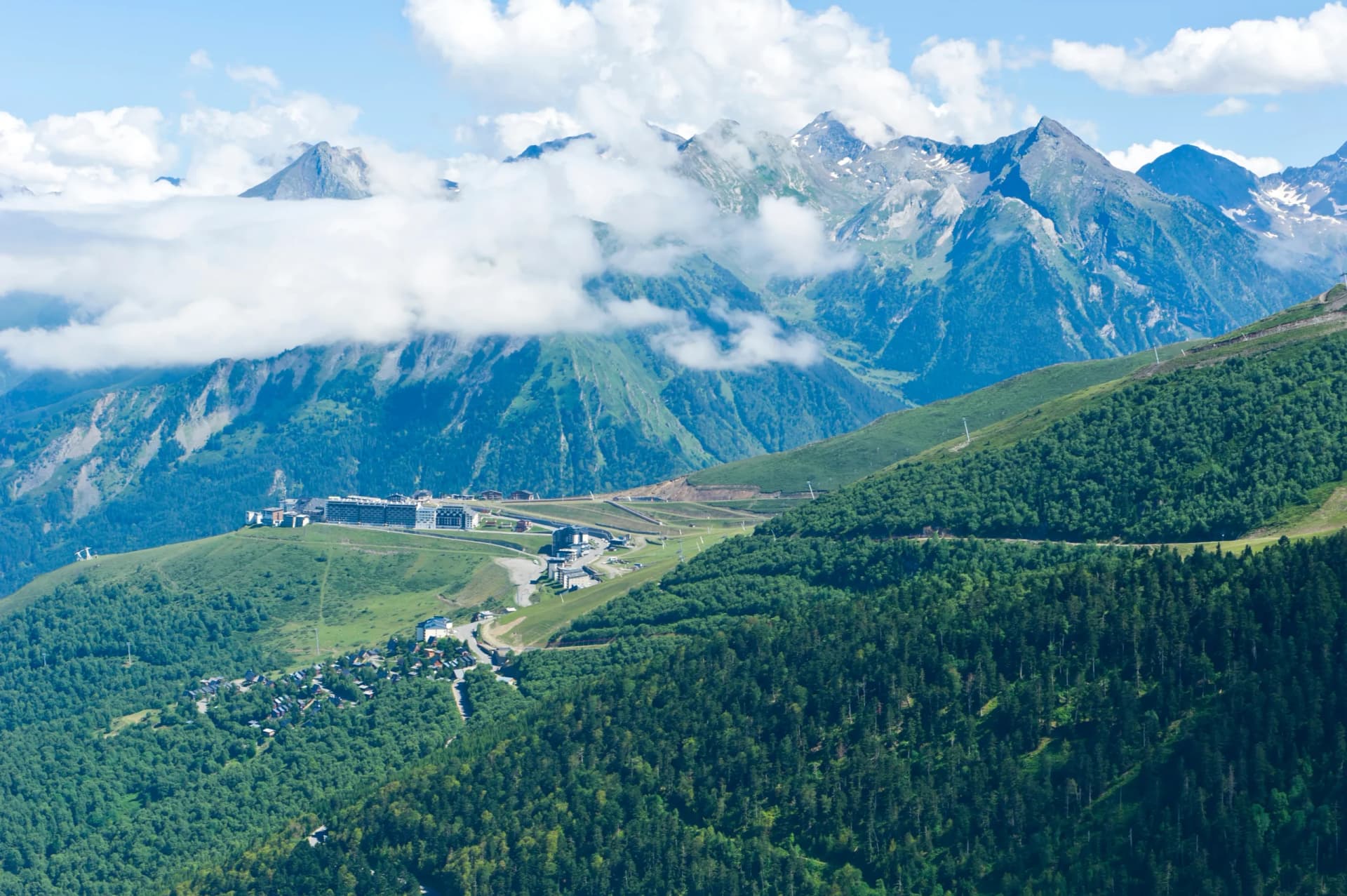 Ski station at Saint Lary Soulan for the Col de Portet, Hautes-Pyrénées department, Occitanie, France