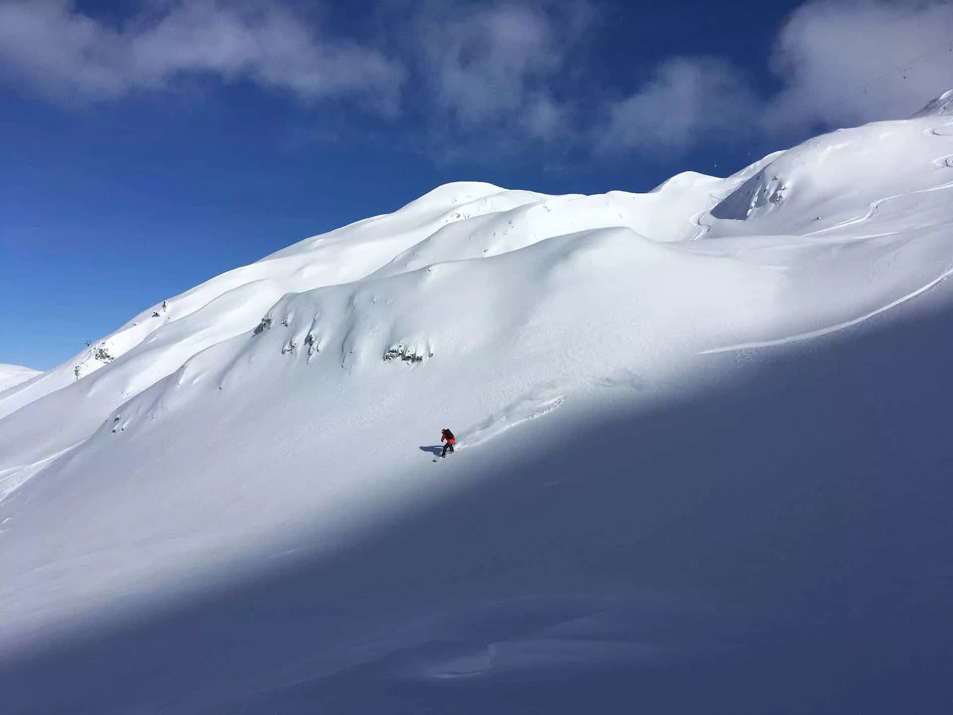 Snowboarder carving down deep powder on vast, sunlit Zadnji Vogel mountain slope.
