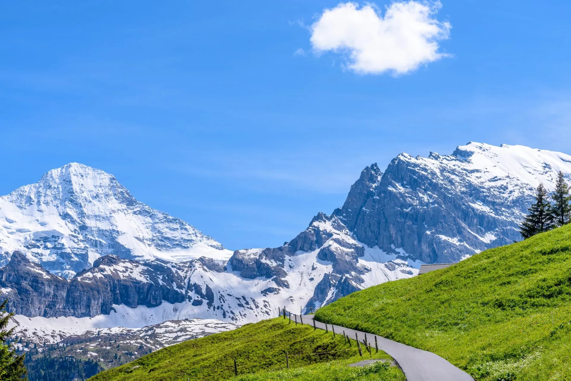 Paved path winding up a grassy hill toward snow-capped Murren mountains under blue sky