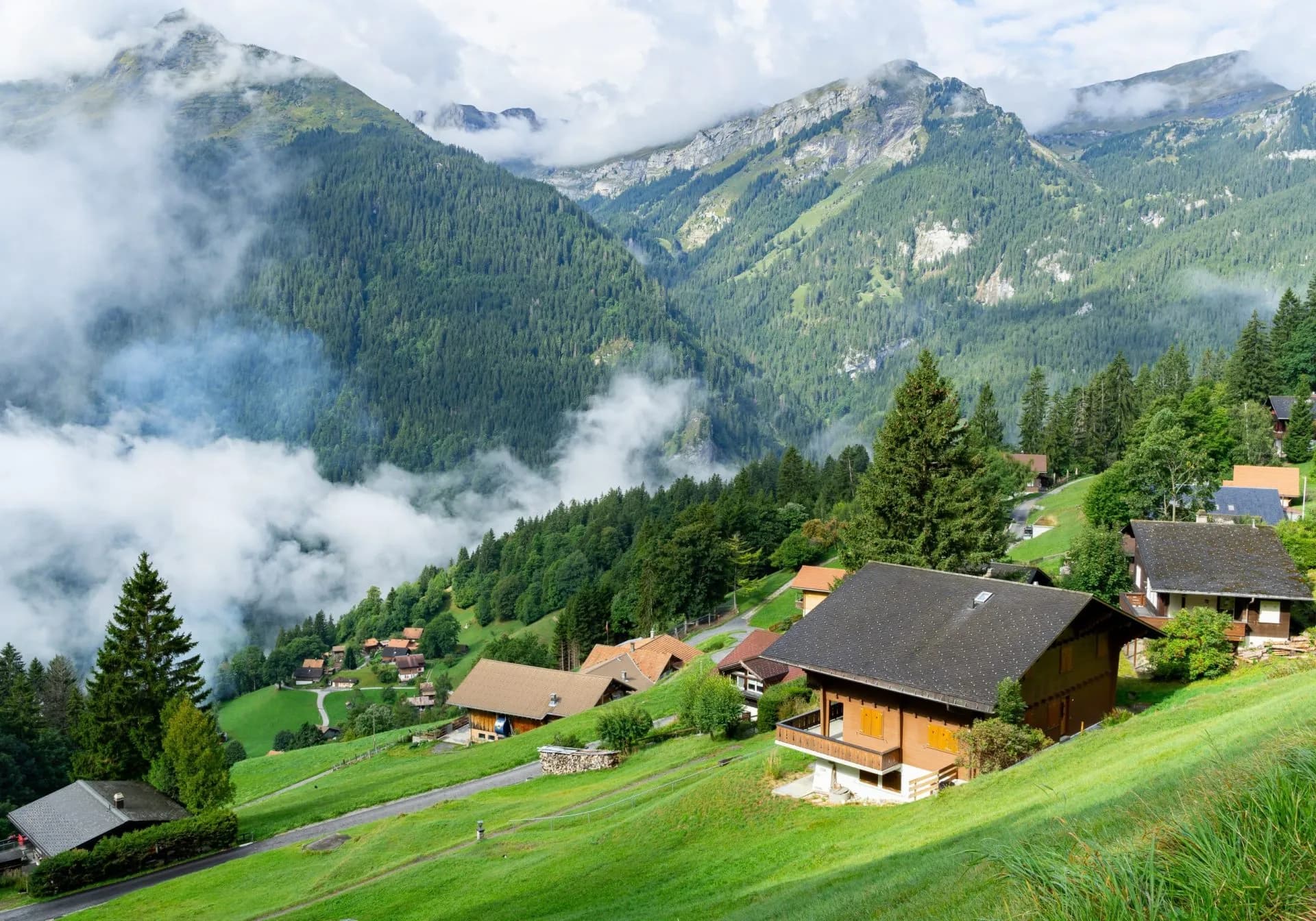 Alpine village houses on green hillside below forested mountains shrouded in mist near Leiterhorn.